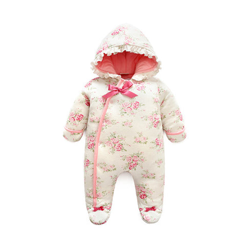 Winter Newborn Baby Girl Rompers Thicken Warm Cotton Jumpsuit Hooded Clothing Floral Princess Christmas Girls Onesie