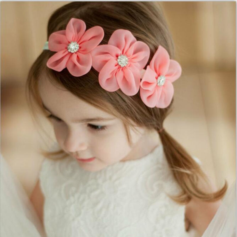 2017 New Ribbon Pearl Diamond Hairband Newborn Hair bands Sewing 3 Flowers Headband Kids Hair Accessories for Girls