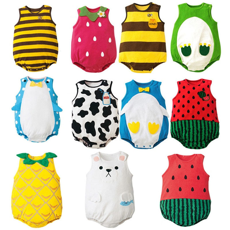Free Shipping Cute New born Baby Girl Clothes Cartoon Fruit Rompers Cotton Sleeveless Button Onesie Baby Boy Summer Clothes LT11