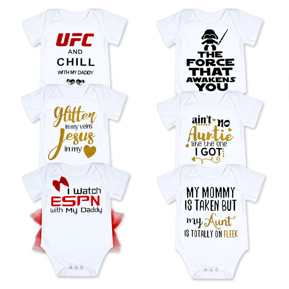 2018 Newborn Baby Bodysuit Short Sleeve Baby Boy Girl Clothes Funny Auntie Uncle Tiny Cottons Dinosaur Baby Onesie 0-18M