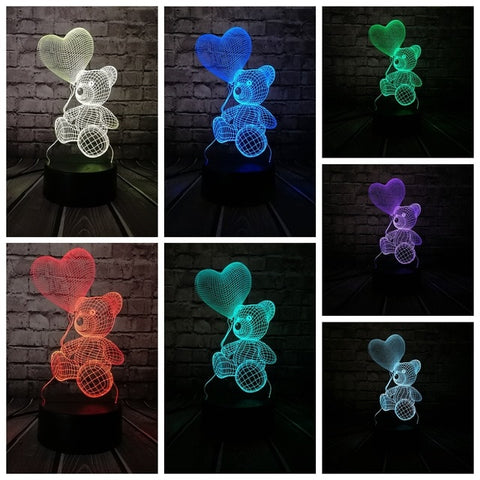 2018 Baby Teddy Bear Hold Love Heart Balloon 3D USB LED Lamp Table Night Light Home Room Decor Kids Toy Christmas Gift Beside