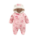 Winter Newborn Baby Girl Rompers Thicken Warm Cotton Jumpsuit Hooded Clothing Floral Princess Christmas Girls Onesie