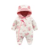 Winter Newborn Baby Girl Rompers Thicken Warm Cotton Jumpsuit Hooded Clothing Floral Princess Christmas Girls Onesie