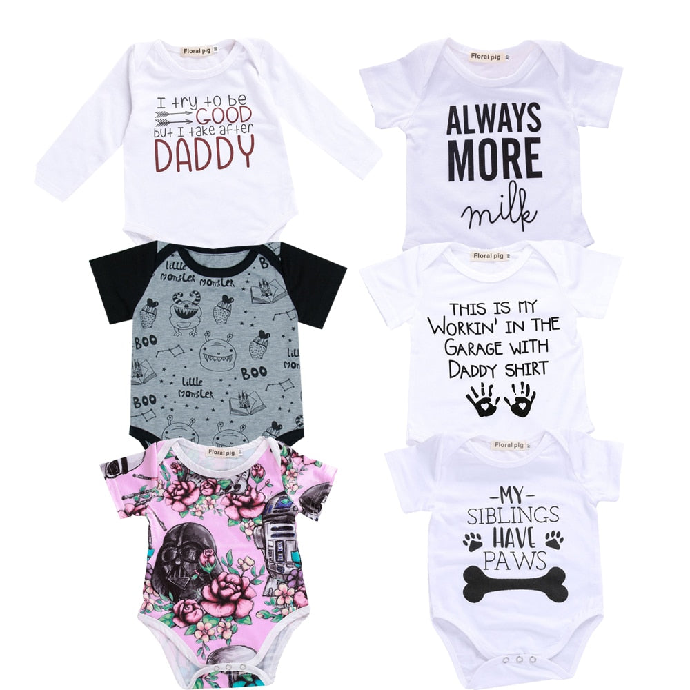 2018 Baby Boy Girl Clothes Party Siblings Daddy Auntie Letter Baby Bodysuit Short Sleeve Jumpsuit Baby Onesie 0-18 Tiny Cottons