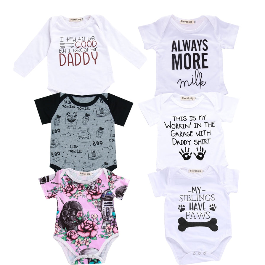 2018 Baby Boy Girl Clothes Party Siblings Daddy Auntie Letter Baby Bodysuit Short Sleeve Jumpsuit Baby Onesie 0-18 Tiny Cottons