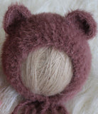 Bear Bonnet Fluffy Angora Newborn Bonnet Knit Newborn Photo Prop