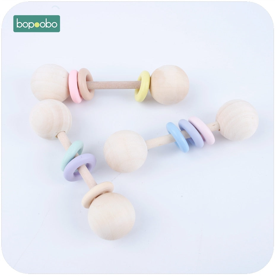 Bopoobo 1pc Food Grade Wooden Teether Baby Rattles Montessori Toys Baby Shower Gift Teething Wooden Baby Teether Ring Rattles