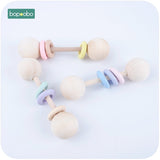 Bopoobo 1pc Food Grade Wooden Teether Baby Rattles Montessori Toys Baby Shower Gift Teething Wooden Baby Teether Ring Rattles