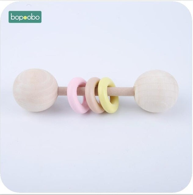 Bopoobo 1pc Food Grade Wooden Teether Baby Rattles Montessori Toys Baby Shower Gift Teething Wooden Baby Teether Ring Rattles