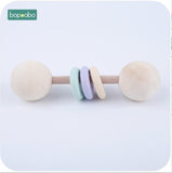 Bopoobo 1pc Food Grade Wooden Teether Baby Rattles Montessori Toys Baby Shower Gift Teething Wooden Baby Teether Ring Rattles