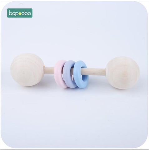Bopoobo 1pc Food Grade Wooden Teether Baby Rattles Montessori Toys Baby Shower Gift Teething Wooden Baby Teether Ring Rattles