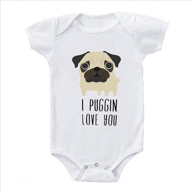 LUCKY ROLL I Puggin Love You Funny Pug Dog Baby Bodysuit Round Neck Leisure Kids White Short Sleeve Jumpsuits Boys Girls Onesies