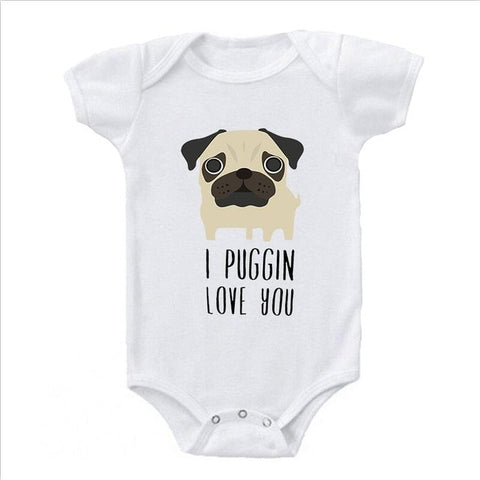 LUCKY ROLL I Puggin Love You Funny Pug Dog Baby Bodysuit Round Neck Leisure Kids White Short Sleeve Jumpsuits Boys Girls Onesies