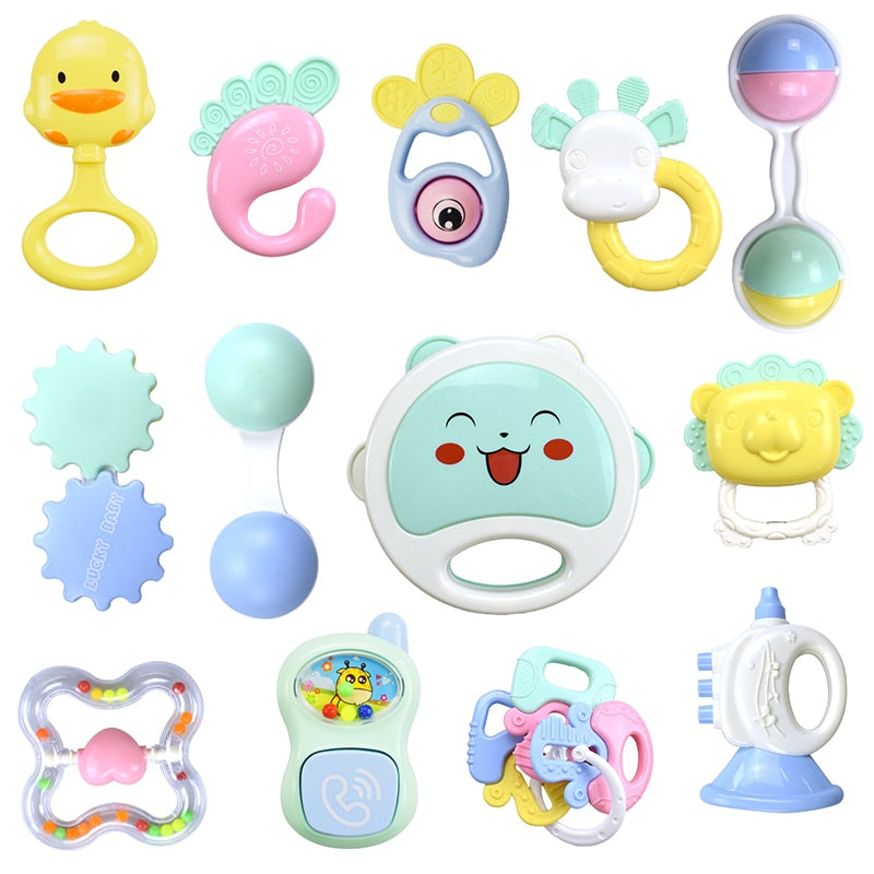13 Pcs Safe Silicone Packages Baby Rattle Molar Plastic Ring Bed Bell Ring Newborn Toy 0-12 Months Teether Baby Educational Toys