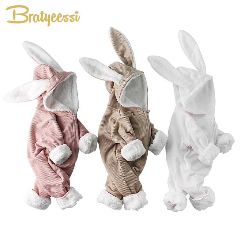 Rabbit Winter Baby Rompers for Boys Jumpsuit Plush Lining Baby Girl Romper Long Ears Hooded Baby Onesie Toddler Baby Clothes 1PC