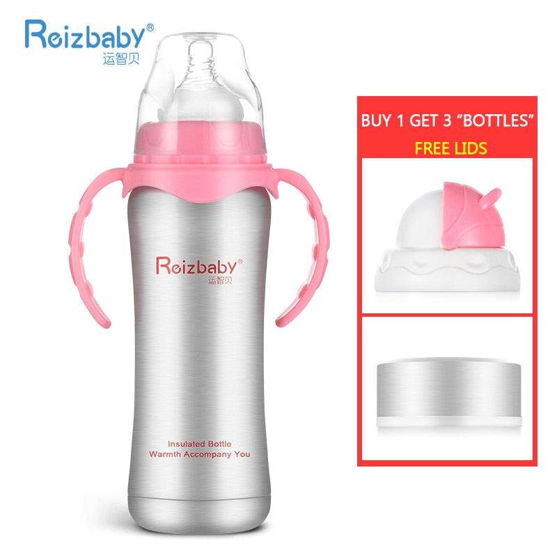 REIZBABY Baby Bottle Thermos Stainless Steel Feeding Bottle 3-in-1 Nursing Bottle Nipple Insulation Cup Vacuum Flask Milk Bottle