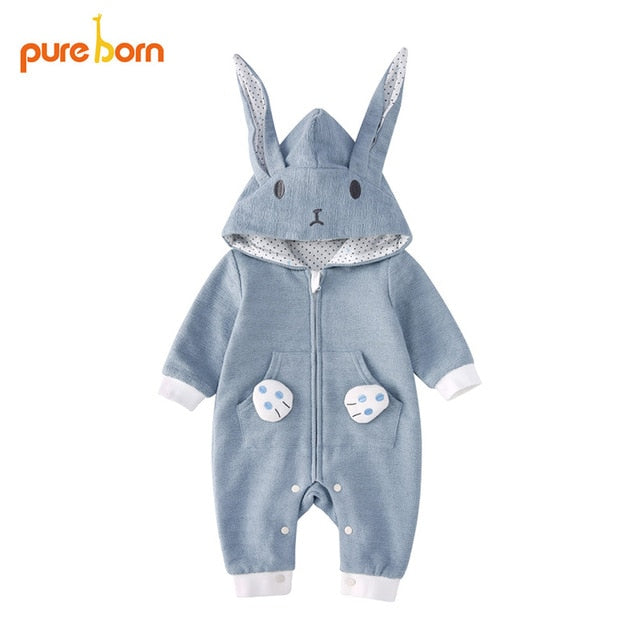 Pureborn Baby Romper Rabbit Baby Onesies Cotton Newborn Hooded Rabbit Ears Overall Baby Girl Boys Autumn Spring