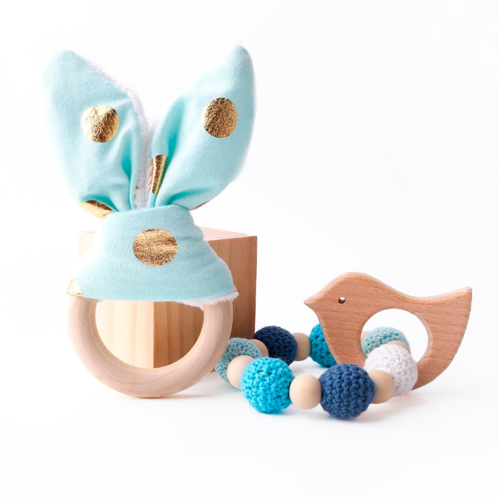 2PC Wooden Ring Natural Baby Rabbit Ear And Rattle Crochet Beads Animal Shape Wooden Teether Chew Toys Bracelets Wooden Baby Gym