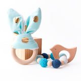 2PC Wooden Ring Natural Baby Rabbit Ear And Rattle Crochet Beads Animal Shape Wooden Teether Chew Toys Bracelets Wooden Baby Gym