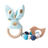 2PC Wooden Ring Natural Baby Rabbit Ear And Rattle Crochet Beads Animal Shape Wooden Teether Chew Toys Bracelets Wooden Baby Gym