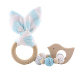 2PC Wooden Ring Natural Baby Rabbit Ear And Rattle Crochet Beads Animal Shape Wooden Teether Chew Toys Bracelets Wooden Baby Gym