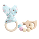 2PC Wooden Ring Natural Baby Rabbit Ear And Rattle Crochet Beads Animal Shape Wooden Teether Chew Toys Bracelets Wooden Baby Gym