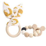2PC Wooden Ring Natural Baby Rabbit Ear And Rattle Crochet Beads Animal Shape Wooden Teether Chew Toys Bracelets Wooden Baby Gym