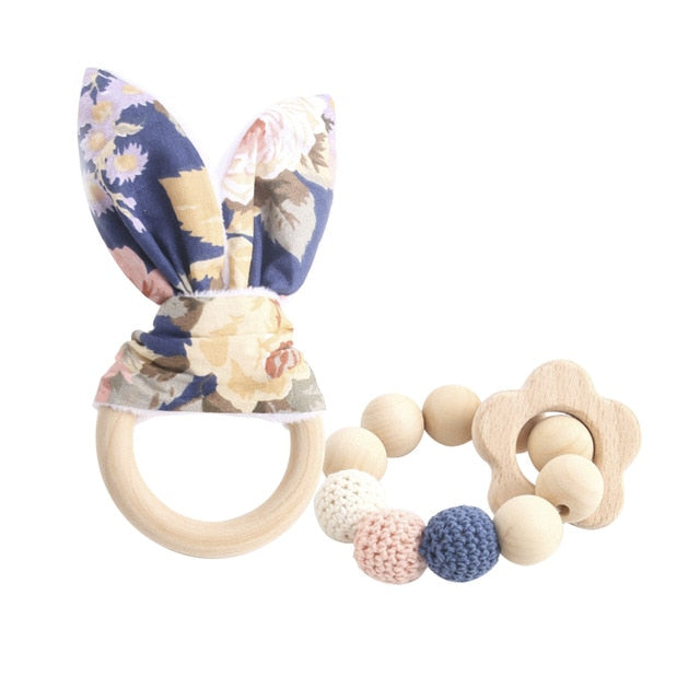2PC Wooden Ring Natural Baby Rabbit Ear And Rattle Crochet Beads Animal Shape Wooden Teether Chew Toys Bracelets Wooden Baby Gym