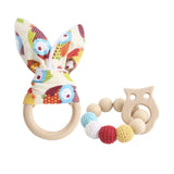2PC Wooden Ring Natural Baby Rabbit Ear And Rattle Crochet Beads Animal Shape Wooden Teether Chew Toys Bracelets Wooden Baby Gym