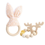 2PC Wooden Ring Natural Baby Rabbit Ear And Rattle Crochet Beads Animal Shape Wooden Teether Chew Toys Bracelets Wooden Baby Gym