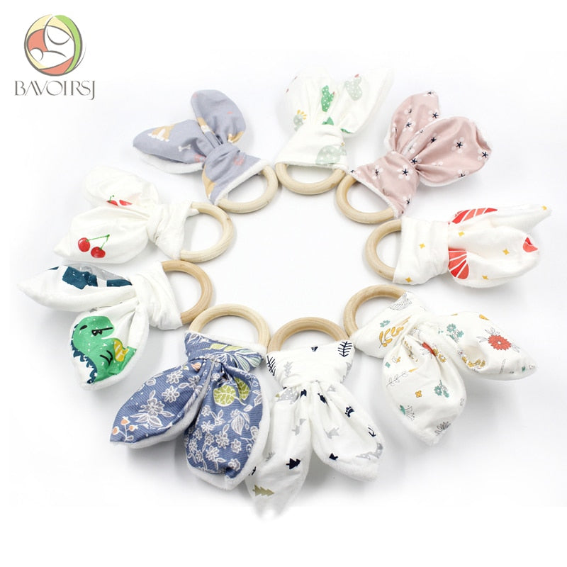 1pc Wooden Ring Cotton Fabric Teether Toys Printing DIY Handmade Ring Paper Bunny Ear Rattle Toys Wooden Teething Toy T0099