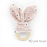 1pc Wooden Ring Cotton Fabric Teether Toys Printing DIY Handmade Ring Paper Bunny Ear Rattle Toys Wooden Teething Toy T0099
