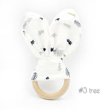 1pc Wooden Ring Cotton Fabric Teether Toys Printing DIY Handmade Ring Paper Bunny Ear Rattle Toys Wooden Teething Toy T0099