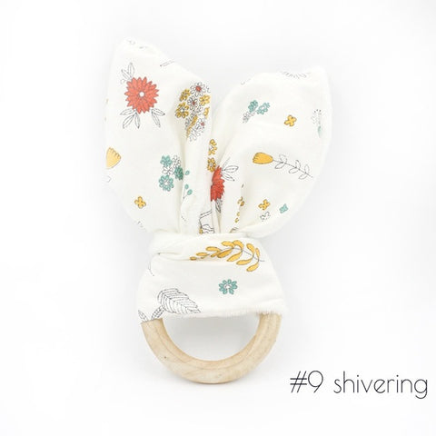 1pc Wooden Ring Cotton Fabric Teether Toys Printing DIY Handmade Ring Paper Bunny Ear Rattle Toys Wooden Teething Toy T0099