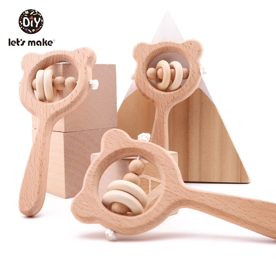 Let's Make Wooden Rattle Beech Bear Hand Teething Wooden Ring Baby Rattles Play Gym Montessori Stroller Toy Educational Toys