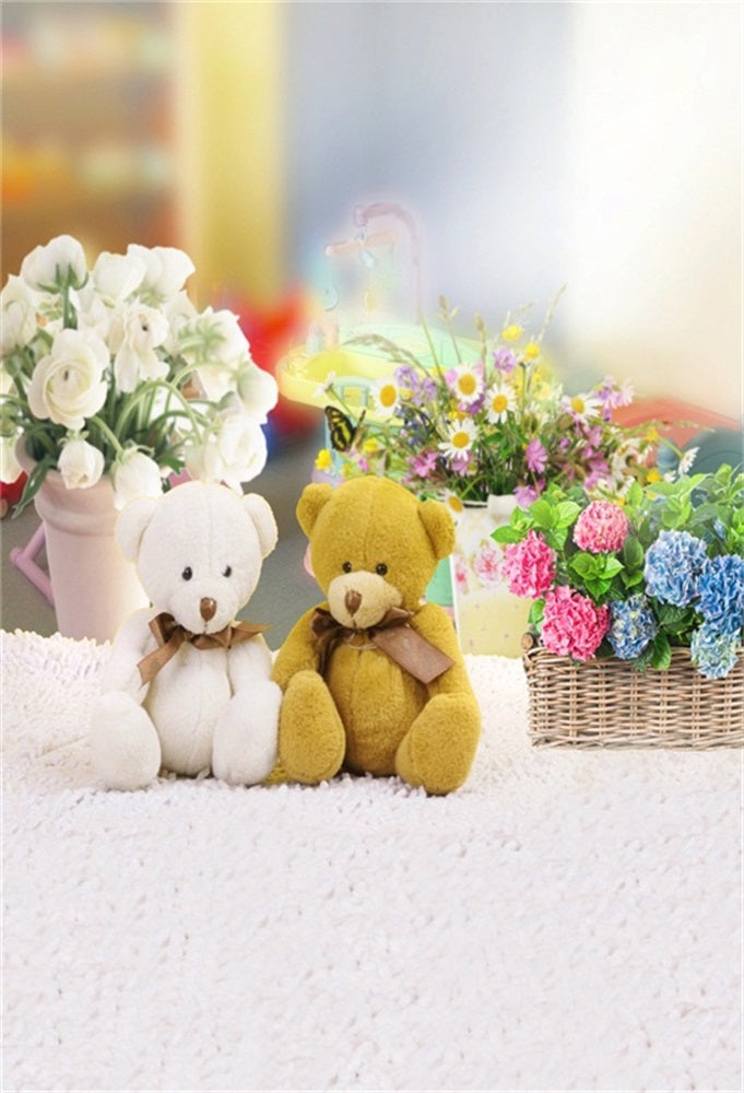 Laeacco Bear Teddy Basket Flowers Carpet Bokeh Baby Newborn Portrait Photo Backgrounds Photographic Backdrops For Photo Studio